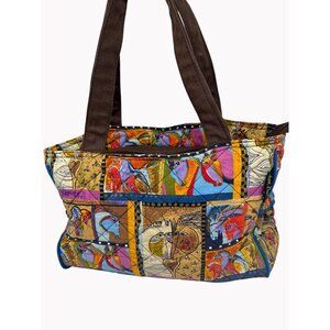 Laurel Burch Quilted Horse Collage Tote Bag Large Shoulder Purse Pockets